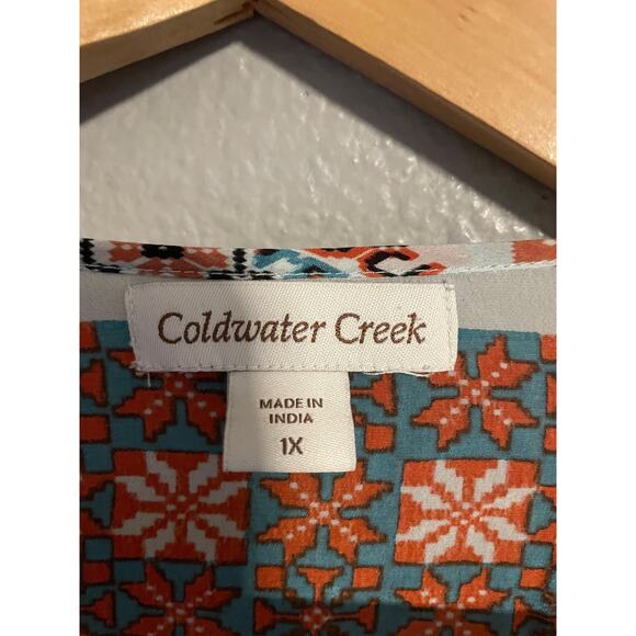 Coldwater Creek Shirt Womens 1X White Orange Blue Boho Print Peasant Lightweight - Picture 3 of 8